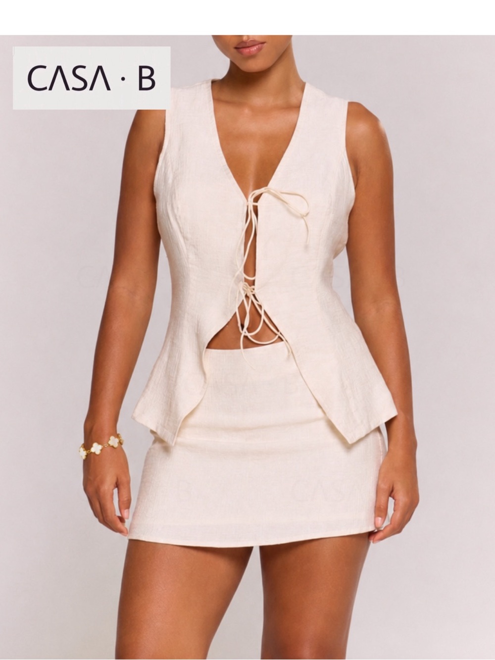 NEW💫CASA B | Sorella Linen blend Cream Front-tie Peplum Mini Skirt Set